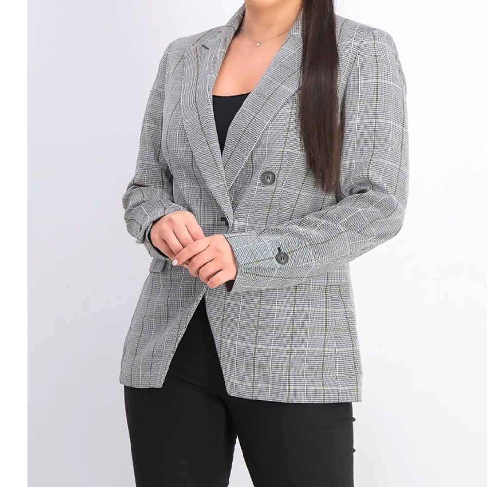 Bar III Women's Faux-Double-Breasted Plaid Blazer Black -NWOT